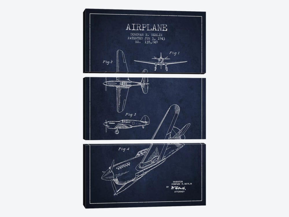 Plane Navy Blue Patent Blueprint by Aged Pixel 3-piece Canvas Artwork