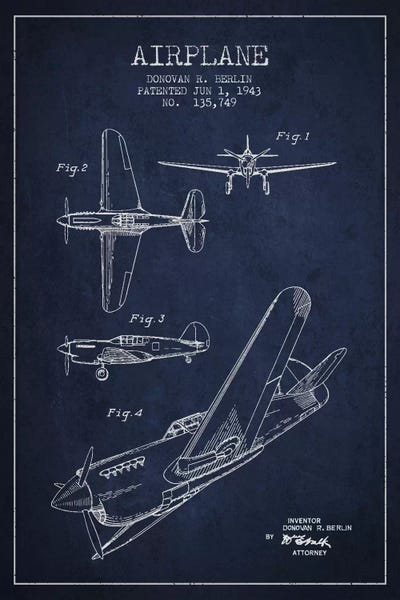 Aged Pixel: Plane Navy Blue Patent Blueprint by Aged Pixel