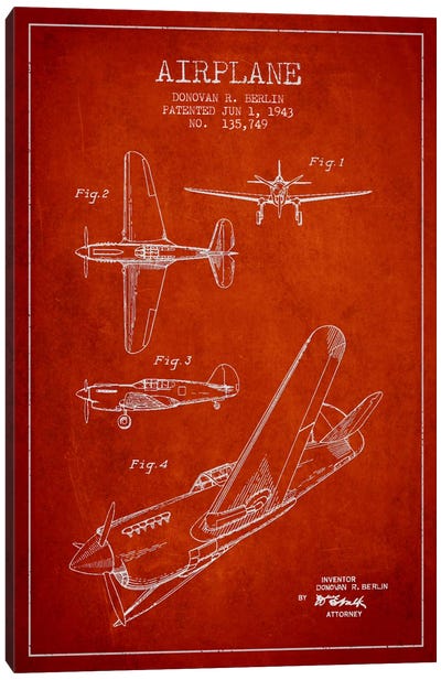Plane Red Patent Blueprint Canvas Art Print - Airplane Art