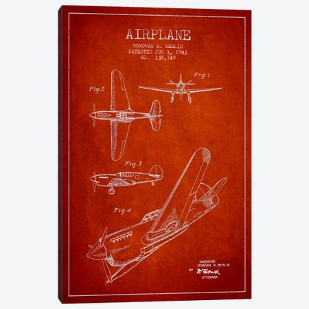 Plane Red Patent Blueprint Canvas Print #ADP2338} by Aged Pixel Canvas Wall Art