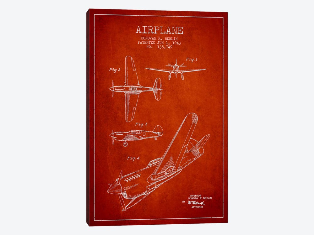 Plane Red Patent Blueprint by Aged Pixel 1-piece Canvas Art Print