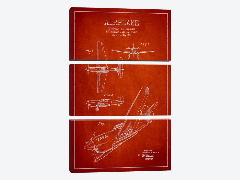 Plane Red Patent Blueprint by Aged Pixel 3-piece Art Print