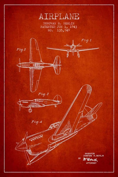 Aged Pixel: Plane Red Patent Blueprint by Aged Pixel