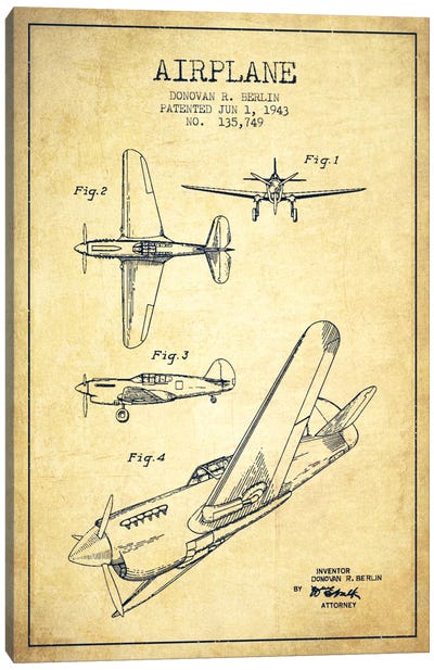 Plane Vintage Patent Blueprint Canvas Art Print - Aged Pixel