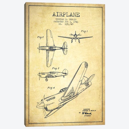 Plane Vintage Patent Blueprint Canvas Print #ADP2339} by Aged Pixel Canvas Wall Art