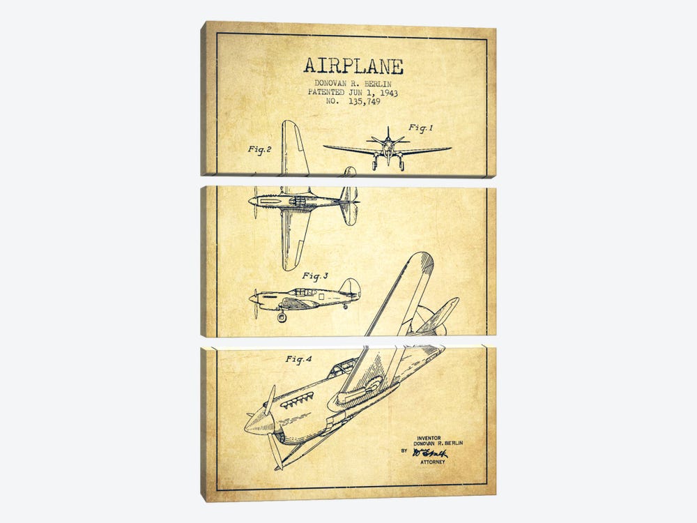 Plane Vintage Patent Blueprint by Aged Pixel 3-piece Canvas Artwork