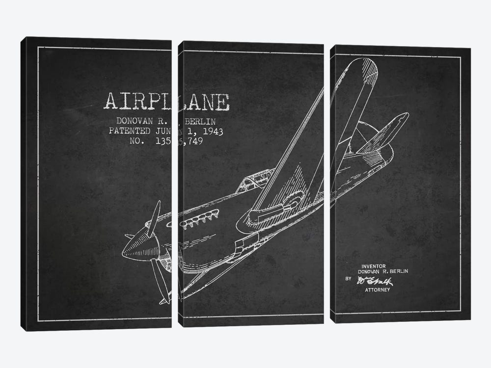 Plane Charcoal Patent Blueprint by Aged Pixel 3-piece Canvas Art