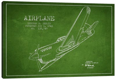 Plane Green Patent Blueprint Canvas Art Print - Military Aircraft Art