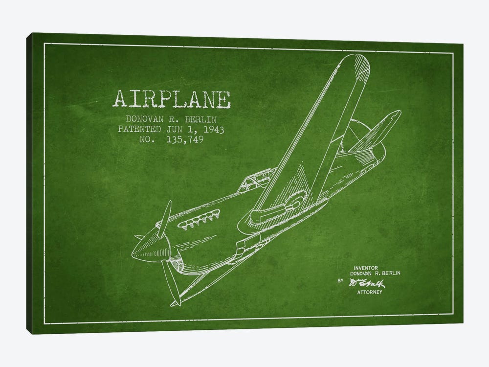 Plane Green Patent Blueprint by Aged Pixel 1-piece Canvas Print