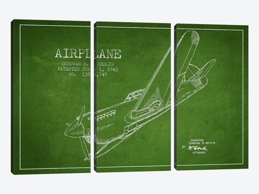 Plane Green Patent Blueprint by Aged Pixel 3-piece Art Print