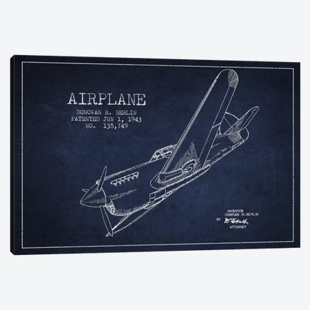 Plane Navy Blue Patent Blueprint Canvas Print #ADP2342} by Aged Pixel Canvas Art Print