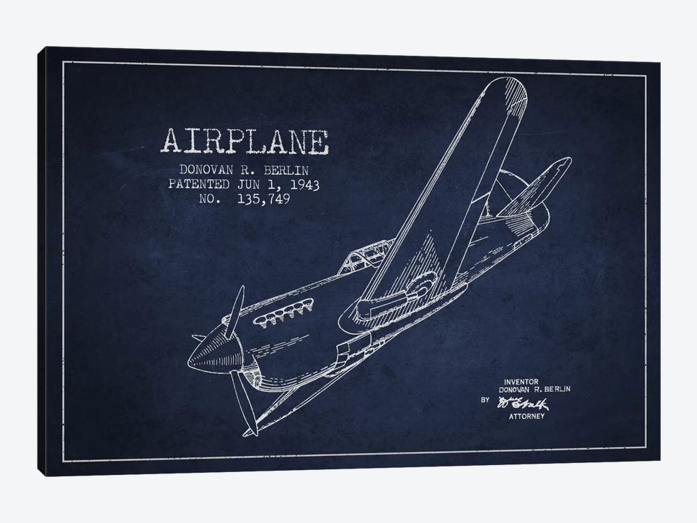Plane Navy Blue Patent Blueprint by Aged Pixel 1-piece Canvas Wall Art