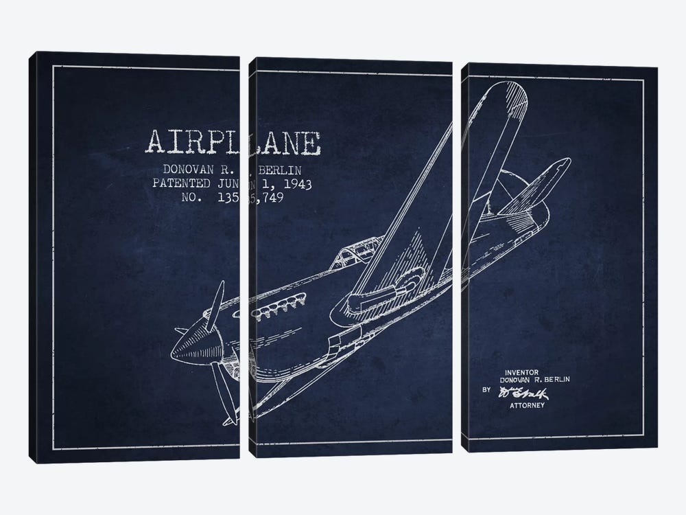 Plane Navy Blue Patent Blueprint by Aged Pixel 3-piece Canvas Art