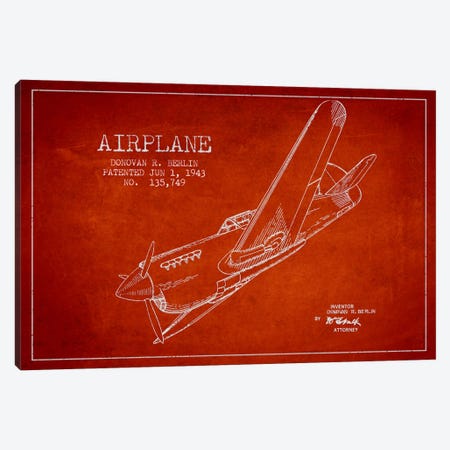 Plane Red Patent Blueprint Canvas Print #ADP2343} by Aged Pixel Art Print