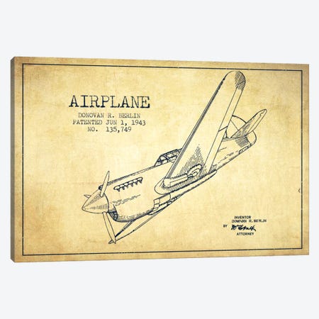 Plane Vintage Patent Blueprint Canvas Print #ADP2344} by Aged Pixel Canvas Wall Art
