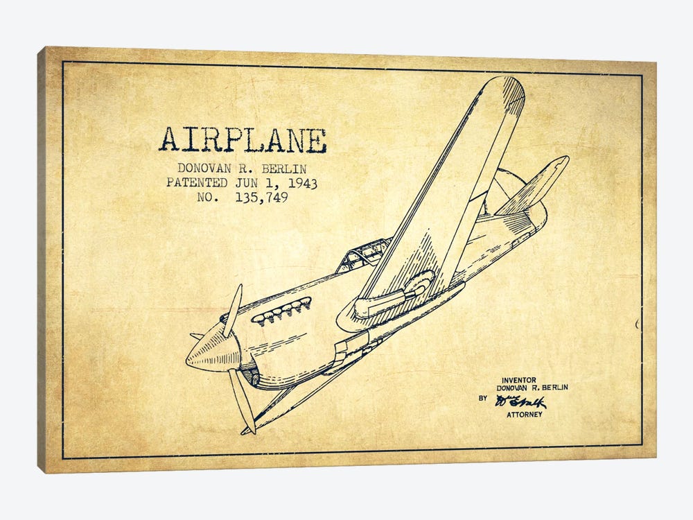 Plane Vintage Patent Blueprint by Aged Pixel 1-piece Canvas Art