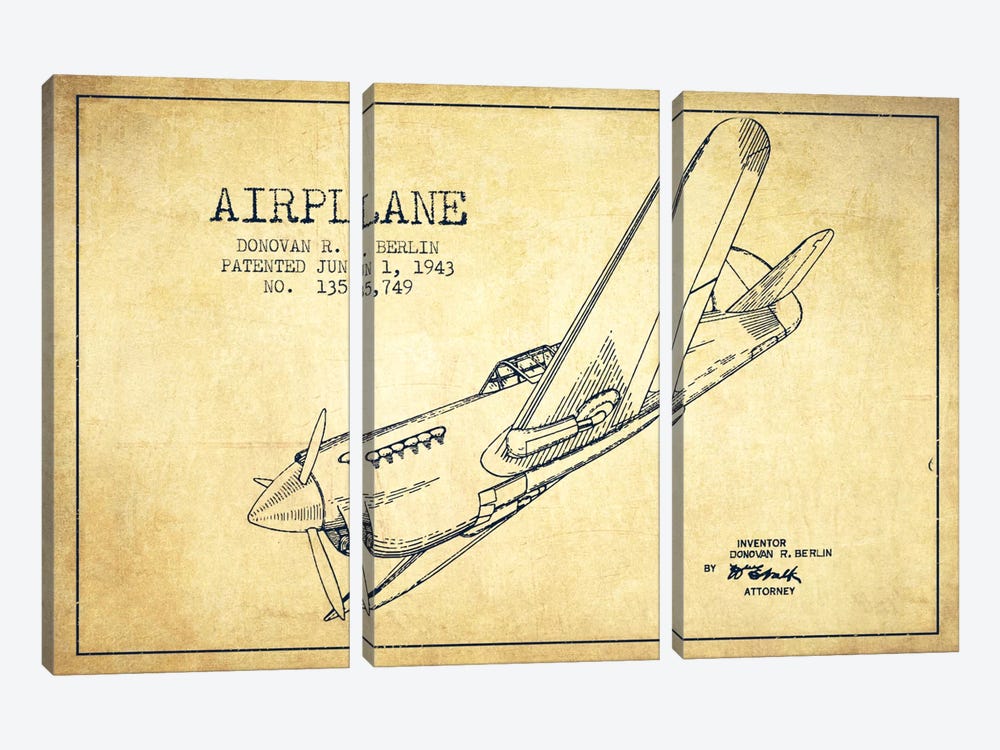 Plane Vintage Patent Blueprint by Aged Pixel 3-piece Canvas Art