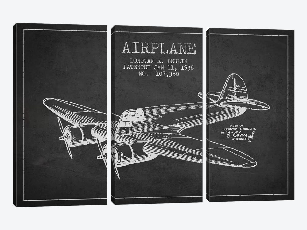 Plane Charcoal Patent Blueprint by Aged Pixel 3-piece Art Print