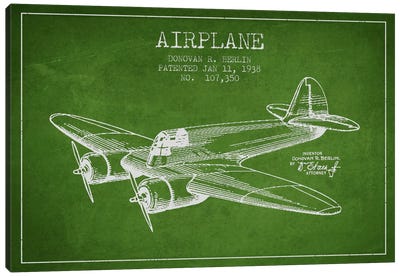 Plane Green Patent Blueprint Canvas Art Print - By Air