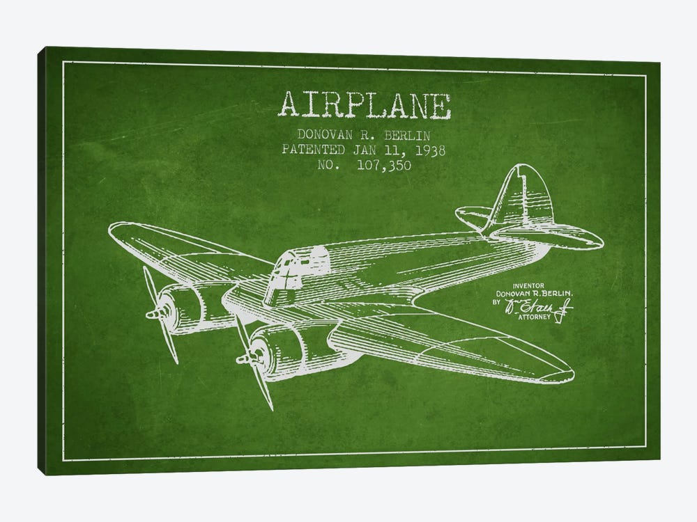 Plane Green Patent Blueprint by Aged Pixel 1-piece Canvas Art