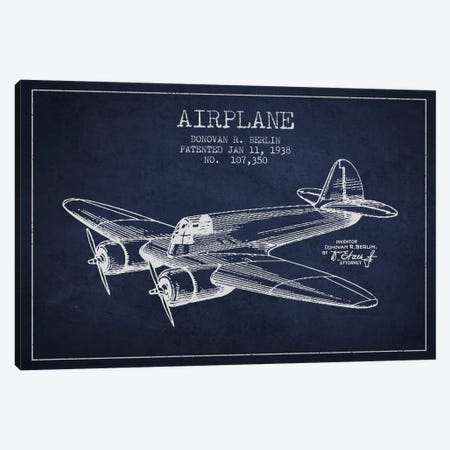 Plane Navy Blue Patent Blueprint Canvas Print #ADP2347} by Aged Pixel Canvas Wall Art