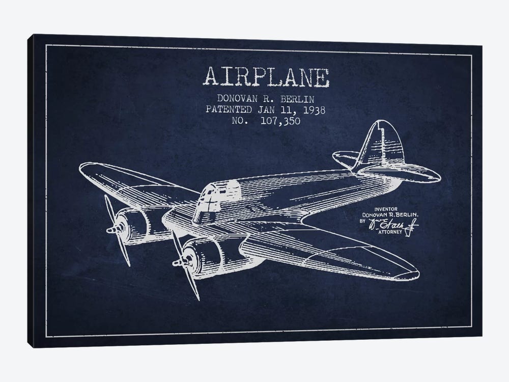 Plane Navy Blue Patent Blueprint by Aged Pixel 1-piece Canvas Print