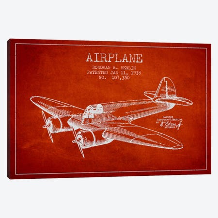 Plane Red Patent Blueprint Canvas Print #ADP2348} by Aged Pixel Art Print