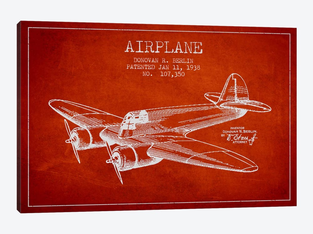 Plane Red Patent Blueprint by Aged Pixel 1-piece Canvas Wall Art