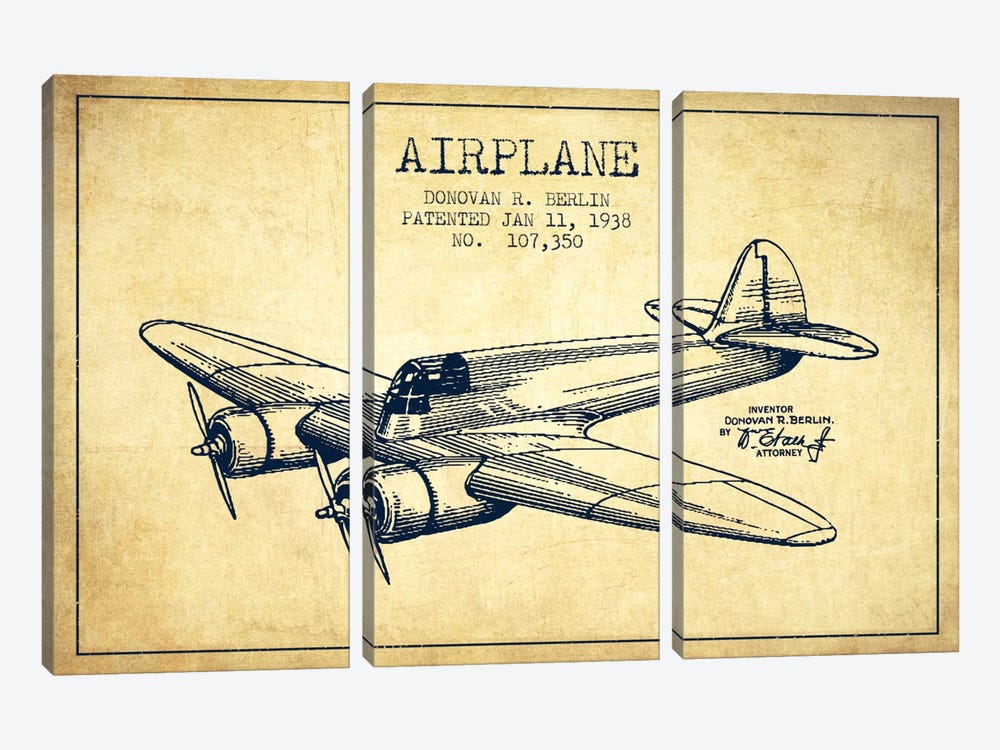 Plane Vintage Patent Blueprint by Aged Pixel 3-piece Canvas Art Print