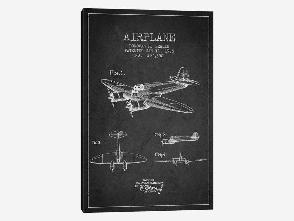 Plane Charcoal Patent Blueprint Canvas - Canvas Art Print | Aged Pixel