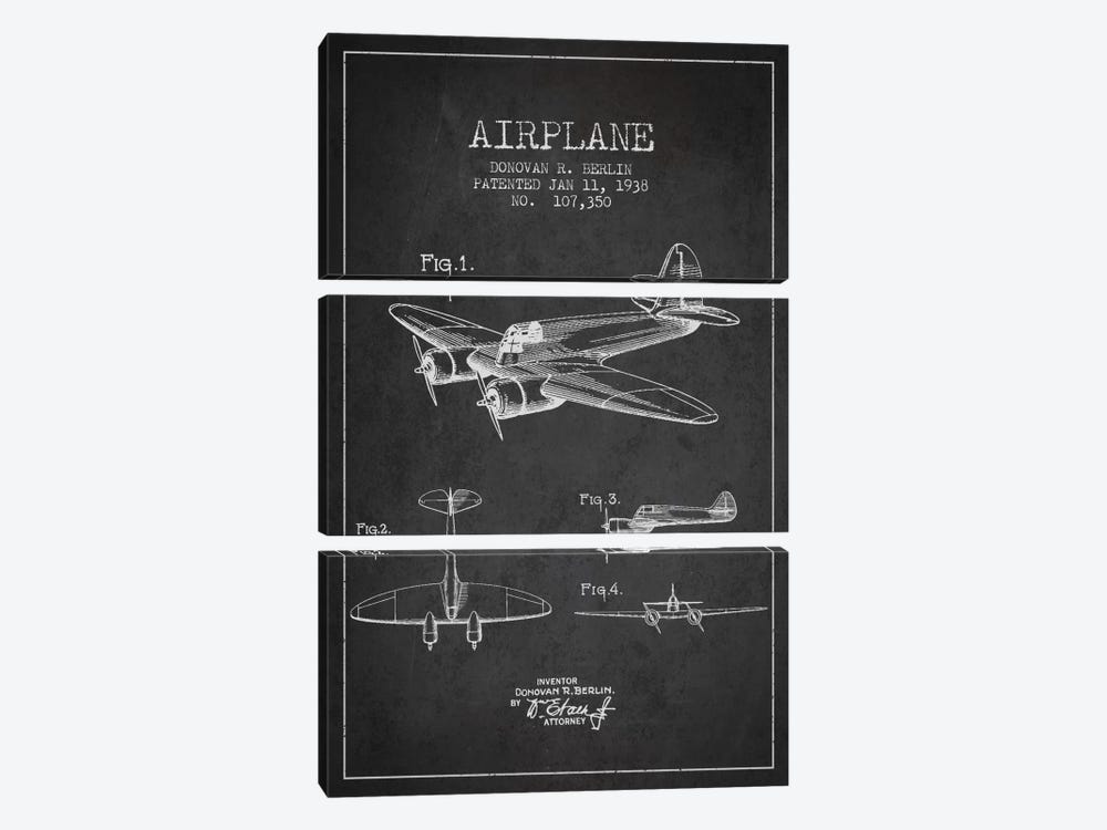 Plane Charcoal Patent Blueprint by Aged Pixel 3-piece Canvas Art Print