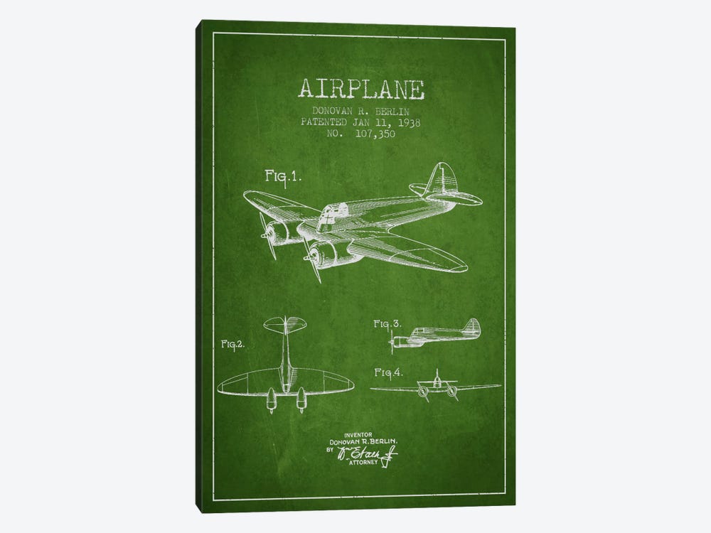Plane Green Patent Blueprint by Aged Pixel 1-piece Canvas Wall Art