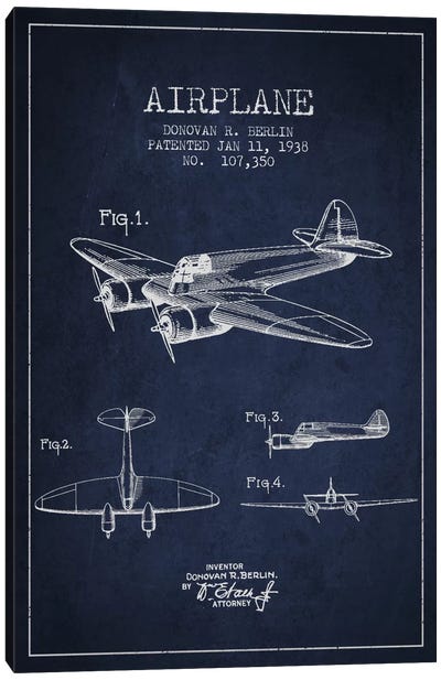 Plane Navy Blue Patent Blueprint Canvas Art Print - Aviation Blueprints