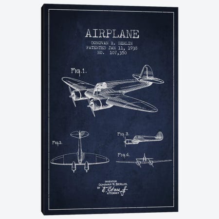 Plane Navy Blue Patent Blueprint Canvas Print #ADP2352} by Aged Pixel Canvas Wall Art