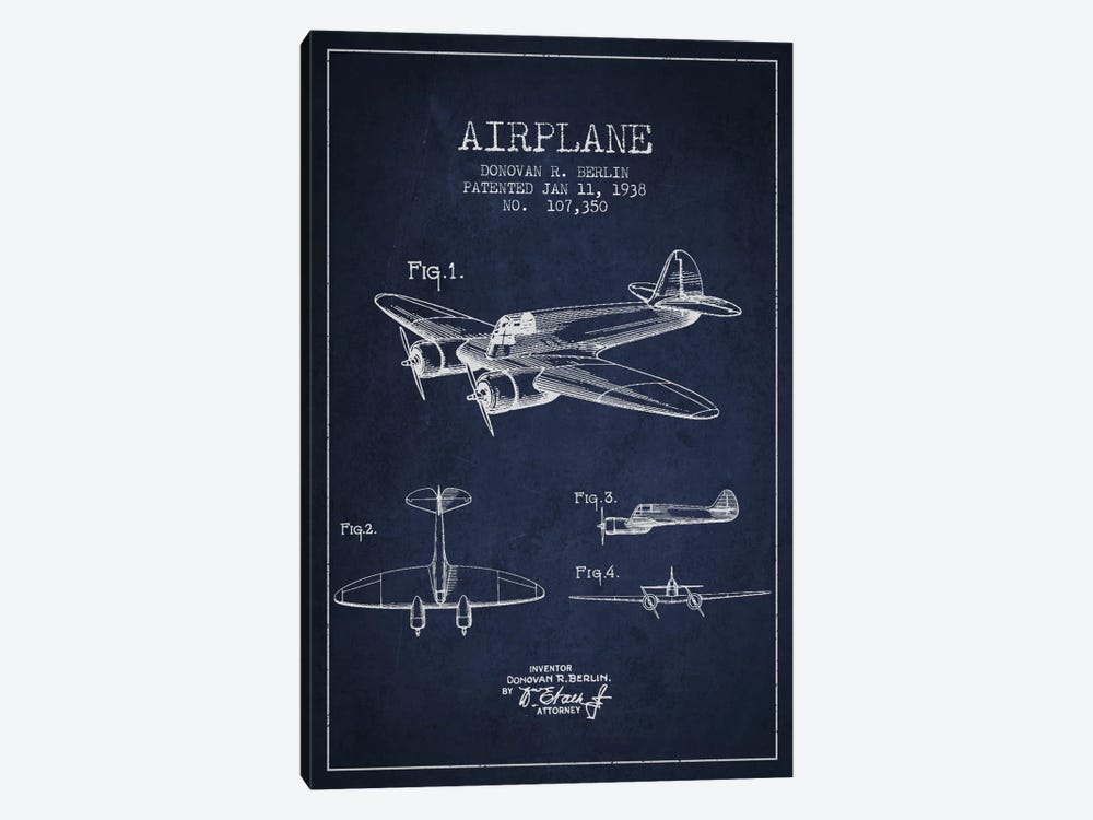 Plane Navy Blue Patent Blueprint by Aged Pixel 1-piece Canvas Print