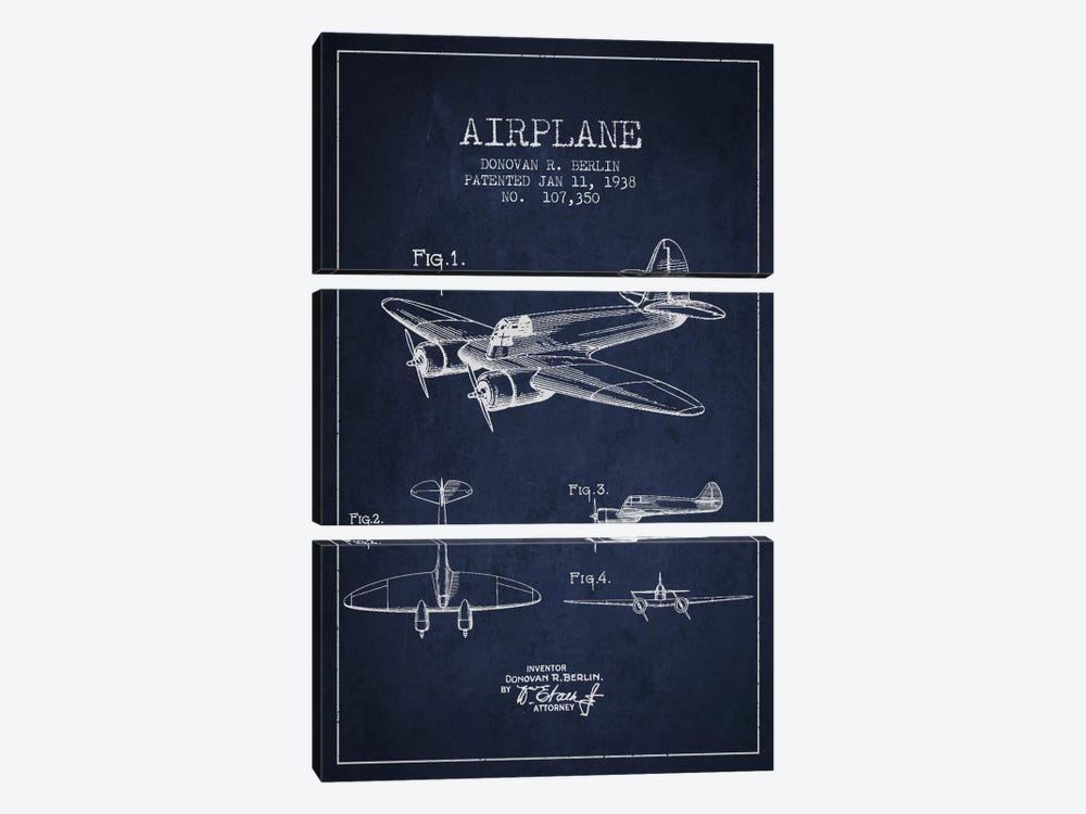 Plane Navy Blue Patent Blueprint by Aged Pixel 3-piece Canvas Print