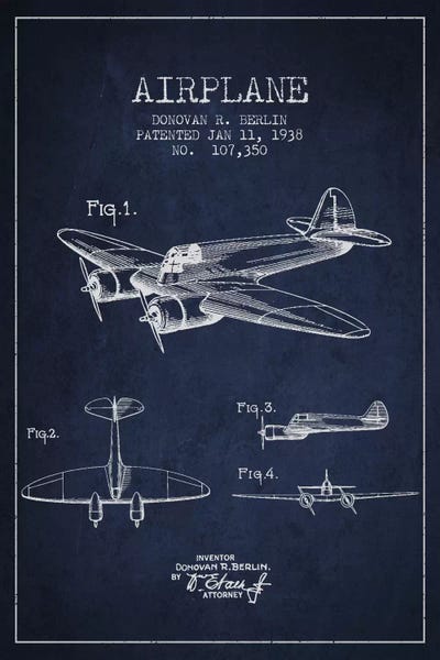 Aged Pixel: Plane Navy Blue Patent Blueprint by Aged Pixel