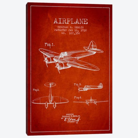 Plane Red Patent Blueprint Canvas Print #ADP2353} by Aged Pixel Canvas Artwork