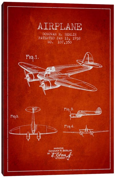 Plane Red Patent Blueprint Canvas Art Print - Military Aircraft Art