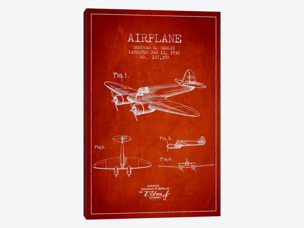Plane Red Patent Blueprint by Aged Pixel 1-piece Canvas Artwork
