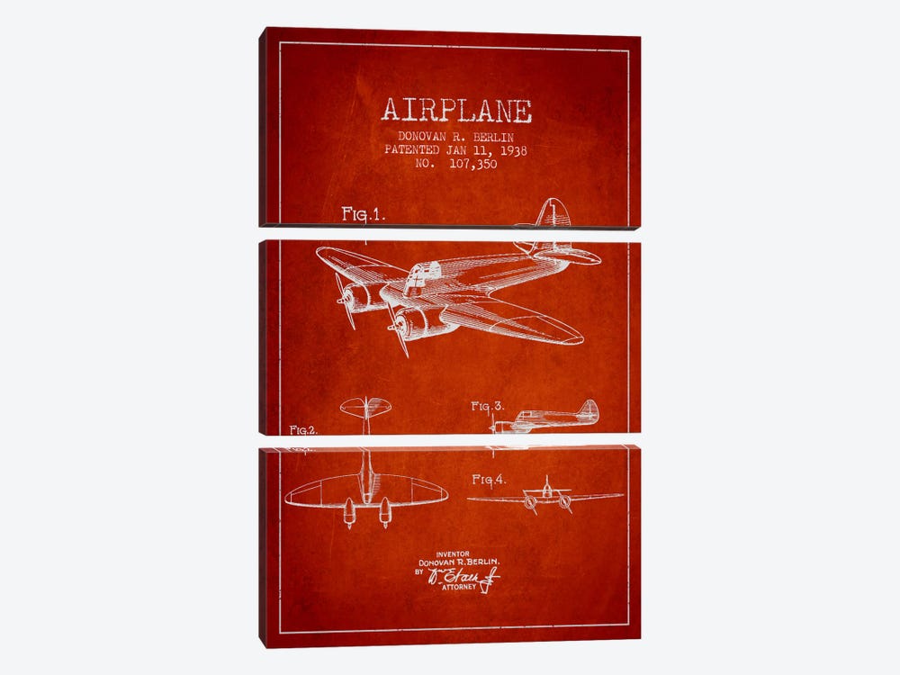 Plane Red Patent Blueprint by Aged Pixel 3-piece Canvas Art