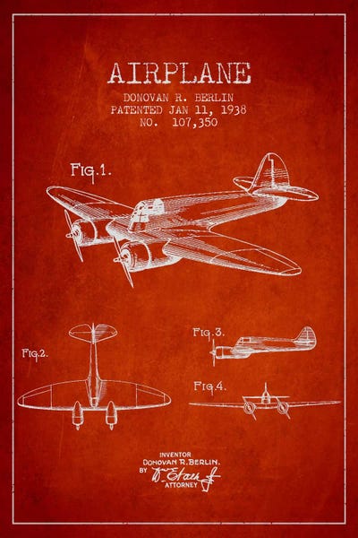 Military Aircraft: Plane Red Patent Blueprint by Aged Pixel