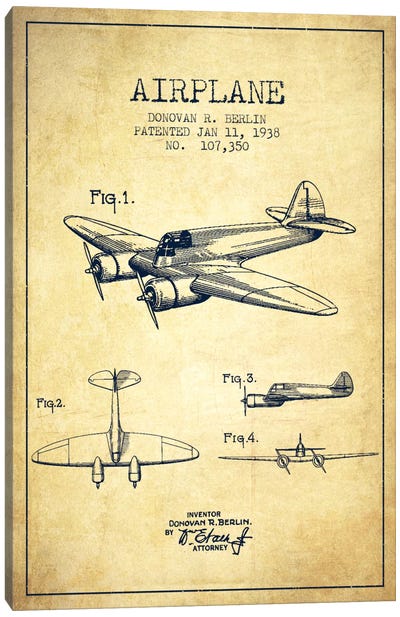 Plane Vintage Patent Blueprint Canvas Art Print - Veterans Day