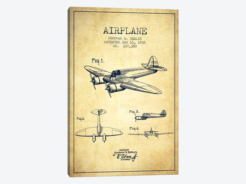 Plane Vintage Patent Blueprint by Aged Pixel 1-piece Canvas Print