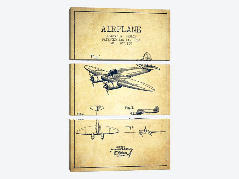 Plane Vintage Patent Blueprint by Aged Pixel 3-piece Canvas Art Print