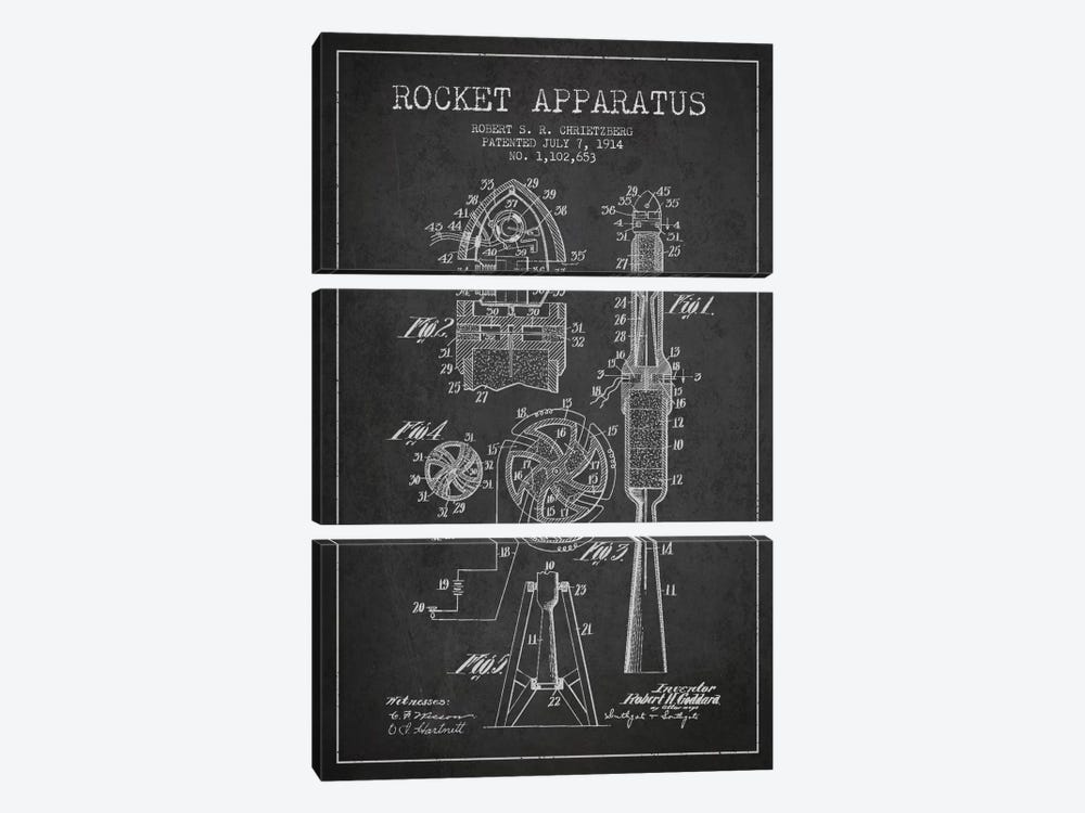 Rocket Apparatus Charcoal Patent Blueprint 3-piece Canvas Artwork