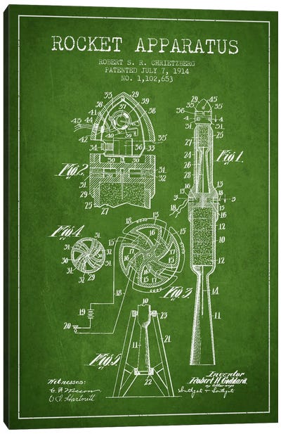 Rocket Apparatus Green Patent Blueprint Canvas Art Print - Aged Pixel: Engineering & Machinery