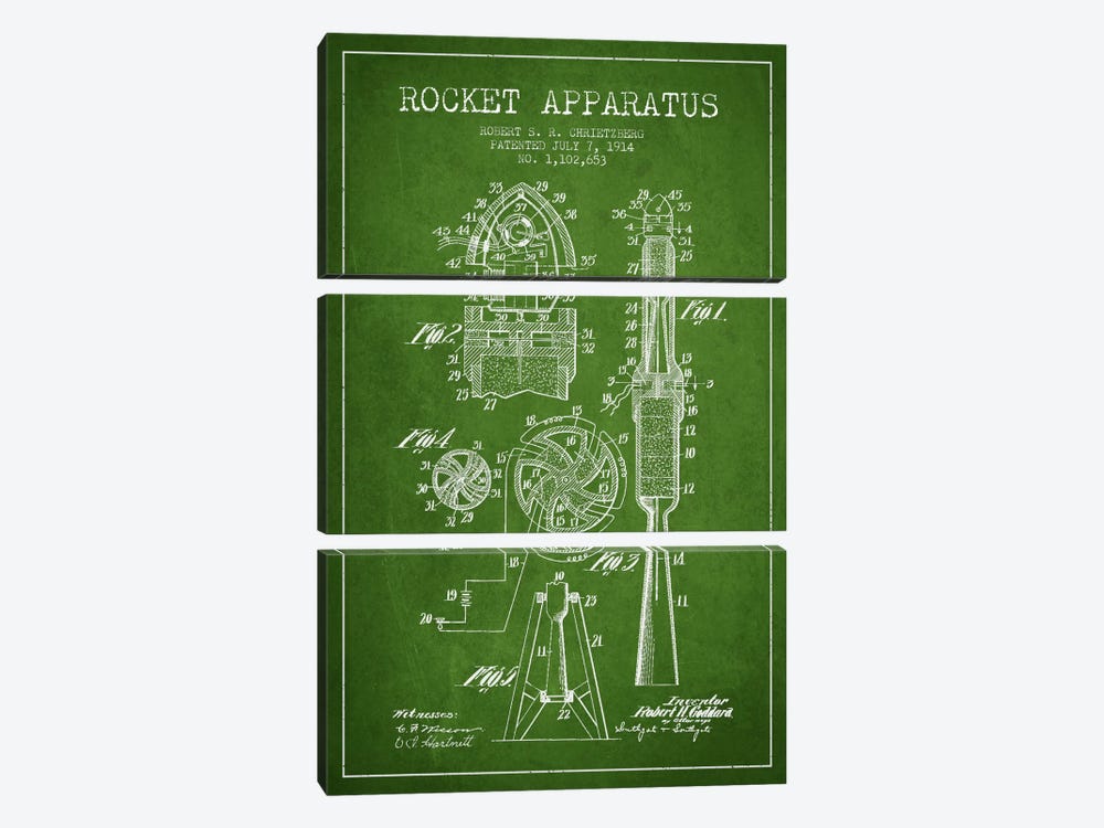 Rocket Apparatus Green Patent Blueprint by Aged Pixel 3-piece Art Print