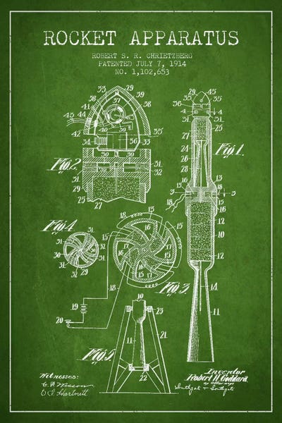 Engineering & Machinery Blueprints: Rocket Apparatus Green Patent Blueprint by Aged Pixel