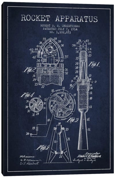 Rocket Apparatus Navy Blue Patent Blueprint Canvas Art Print - Aged Pixel